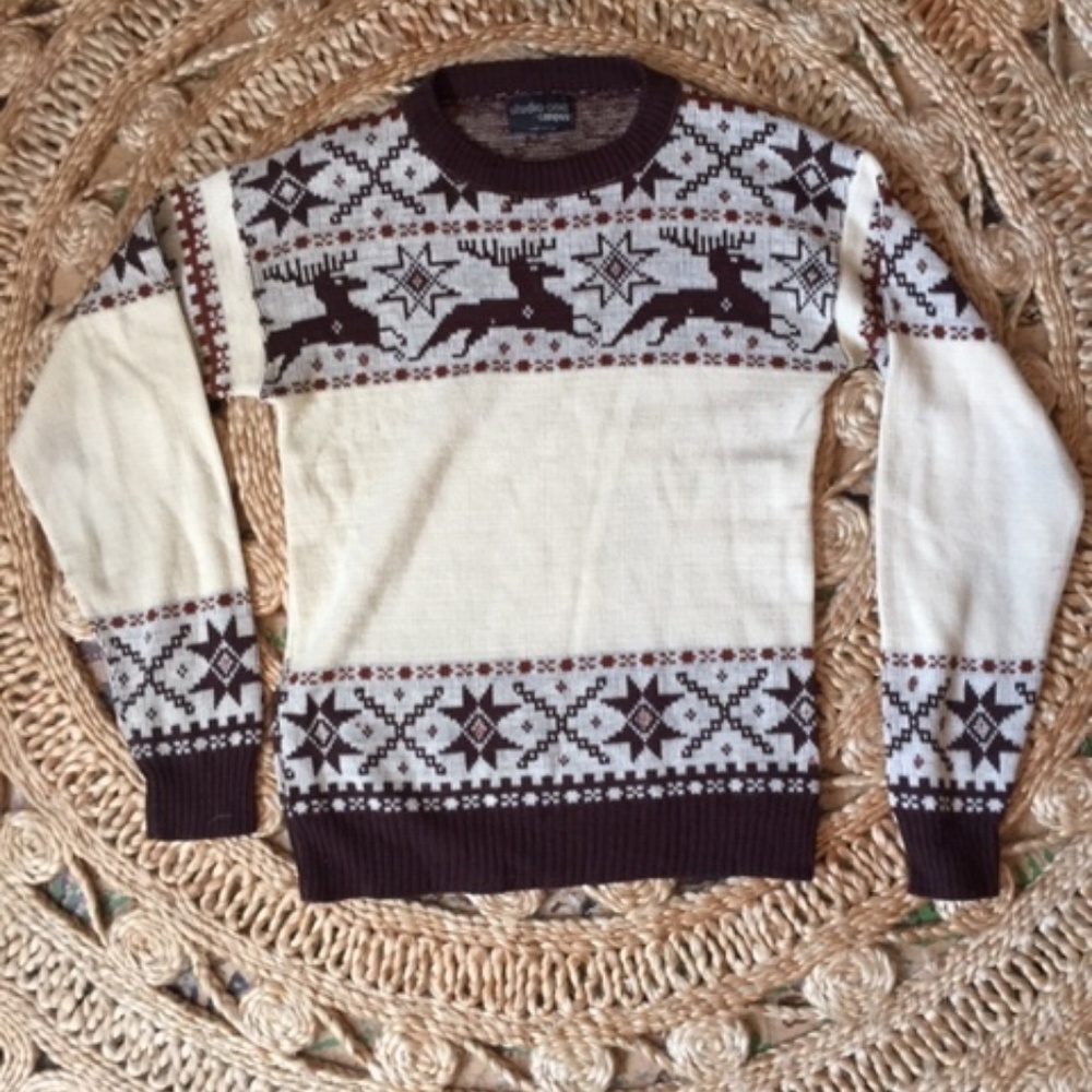 Vintage Cream and Brown Wool Ski Sweater